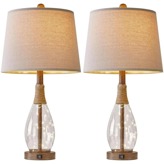 23" USB A+C Modern Bedside Lamp, Set of 2, Vintage Farmhouse Style, Rattan Glass Night Light, Suitable for Bedroom, Living Room and Dorm.