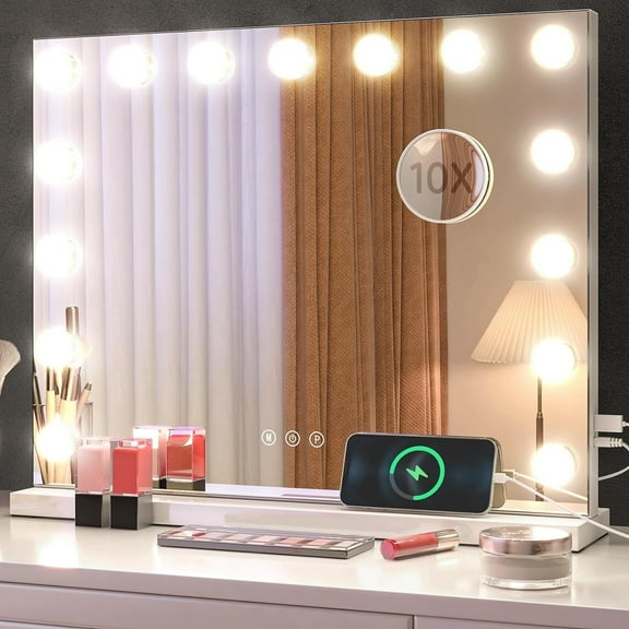 23" Vanity Mirror with Lights, Neche Large Vanity Makeup Mirror with 15 LED Bulbs, 10X Magnification and Smart Touch Dimmable 3 Modes,Tabletop Wall Mount