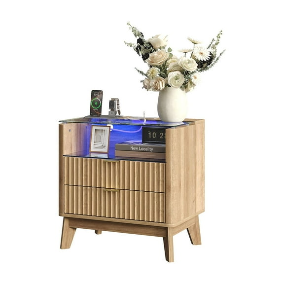 23''W Night Stand with Charging Station, Fluted Nightstand with 2 Drawers & Open Shelf, LED Light End Table with Glass Top, Modern Bedside Table for Bedroom Living Room Sofa Office, Oak