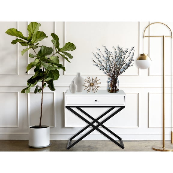 23" White End Side Table | For Bedroom Nightstand Use | MDF Tabletop with Tempered Glass | Solves Storage Needs with Drawer