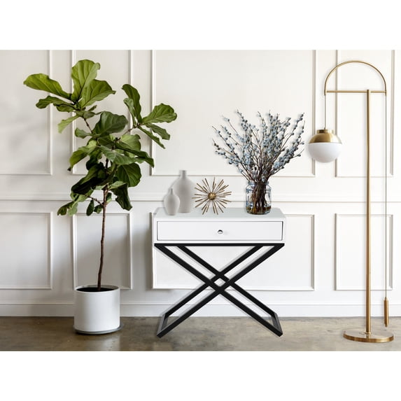 23" White End Table with Drawer and Metal Base / Glass Top Feature / Living Area