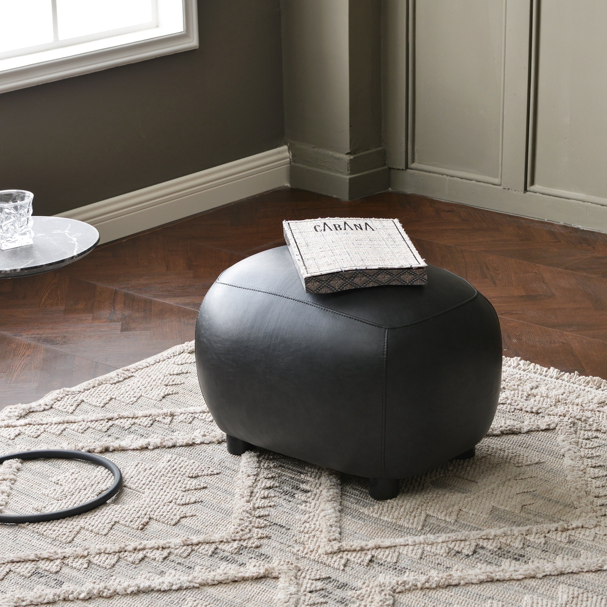 23" Wide Faux Leather Upholstered Ottoman, Mid-Century Modern Living Room Footrest with Soft Padded Seat, Footstool for Bedroom, Entryway or Living Room, Black