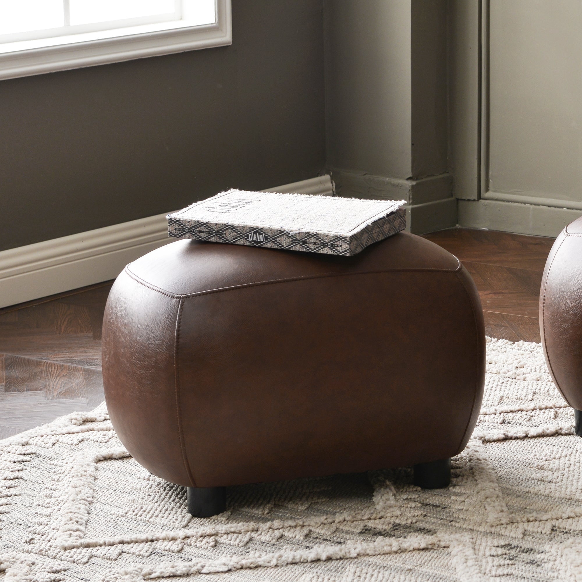23" Wide Faux Leather Upholstered Ottoman, Mid-Century Modern Living Room Footrest with Soft Padded Seat, Footstool for Bedroom, Entryway or Living Room, Dark Brown