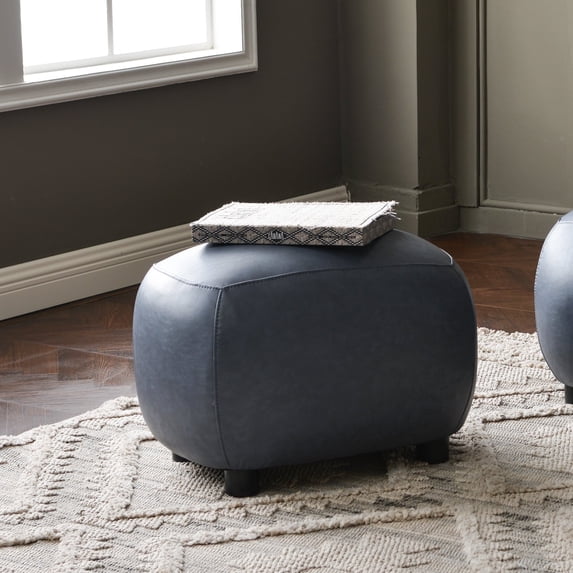 23" Wide Faux Leather Upholstered Ottoman, Mid-Century Modern Living Room Footrest with Soft Padded Seat, Footstool for Bedroom, Entryway or Living Room, Navy