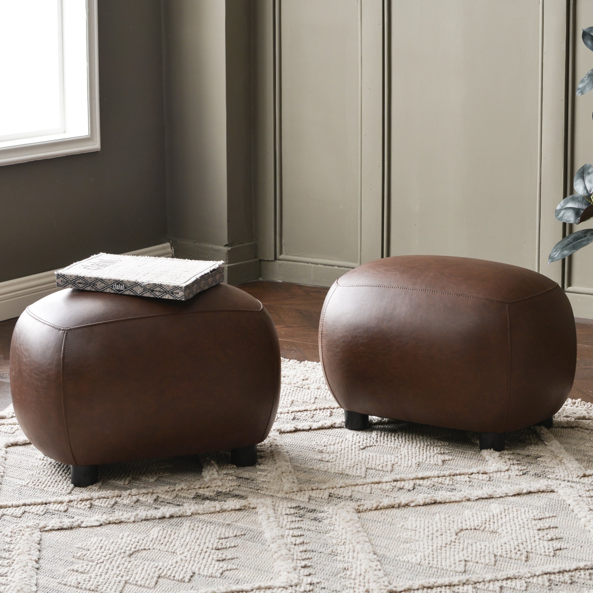23" Wide Faux Leather Upholstered Ottoman Set of 2, MidCentury Modern