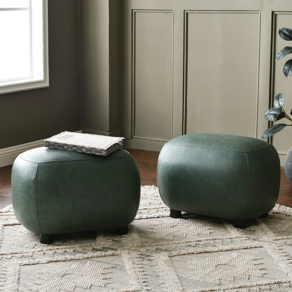 23" Wide Faux Leather Upholstered Ottoman Set of 2, Mid-Century Modern Living Room Footrest with Soft Padded Seat, Footstool for Bedroom, Entryway or Living Room, Green