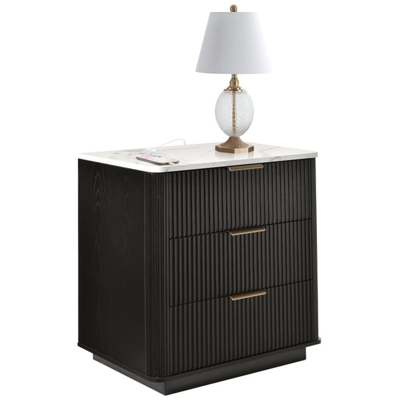 23" Wide Fluted Night Stand with Charging Station,3 Drawers Large End Table with Storage,Black Nightstand Wood Bedside Table, Farmhouse Cabinet Dresser for Bedroom,Closet