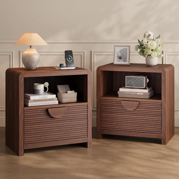 23" Wide Fluted Nightstands Set of 2 with Charging Station, Wood Bedside Tables with Drawer & Open Compartment, Mid Century End Tables for Bedroom, Home Office, Walnut