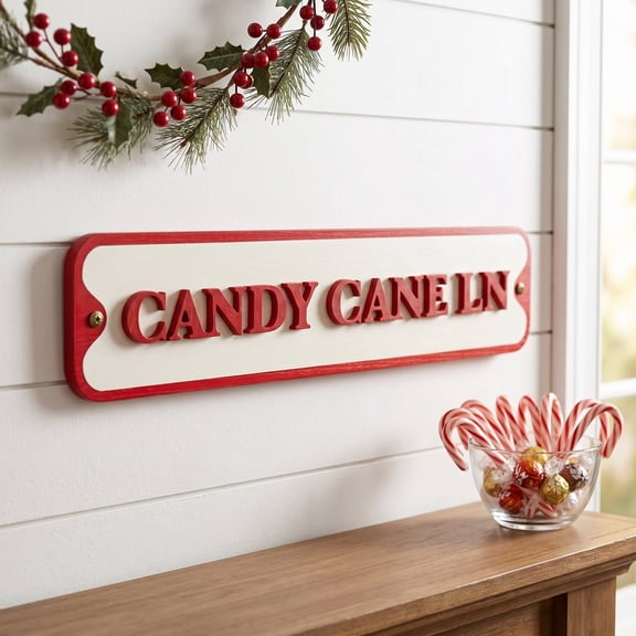 23" Wood Sign - Candy Cane Ln | Red and White