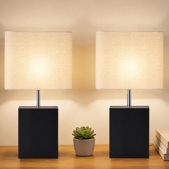23" Wood Table Lamp Set of 2, Modern Farmhouse Bedside Lamps with Linen Shade for Living Room