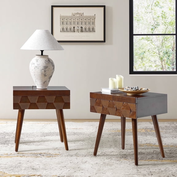 23" Wooden End Table Set of 2 with Charging Station and Tray Modern for Living Room Walnut