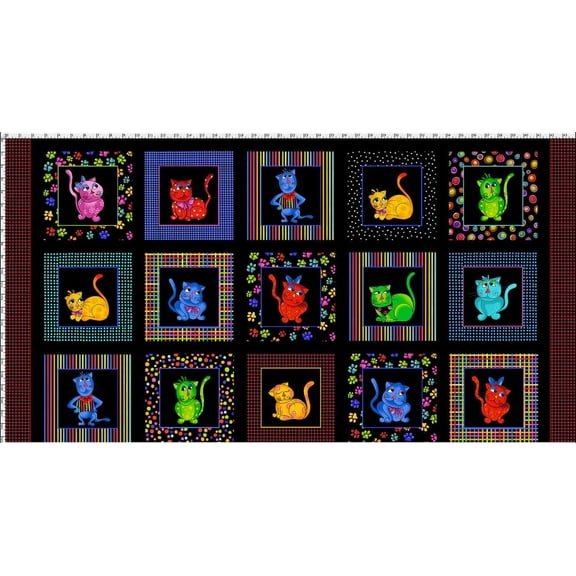 23" X 44" Panel Cool Cats Pets Animals Kids Children's Black Cotton Fabric Panel (691-791-B)