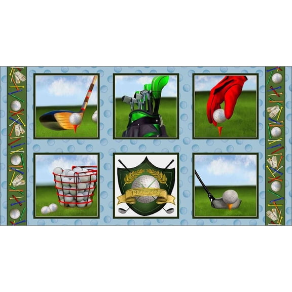 23" X 44" Panel Front Nine Golf Balls Clubs Tees Golfing Hobby Gloves Blank Quilting Cotton Fabric Panel (2815-11)