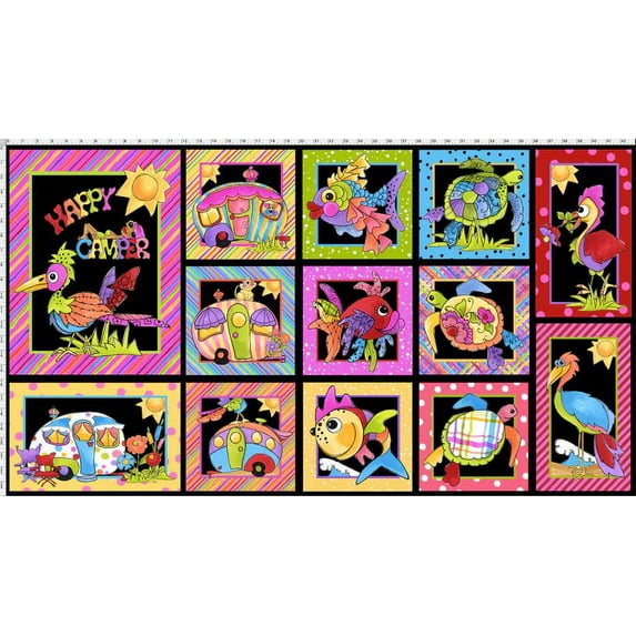 23" X 44" Panel Happy Camper Project Panel Black Campers Camping Vacation Ocean Beach Cotton Fabric Panel (692-272)