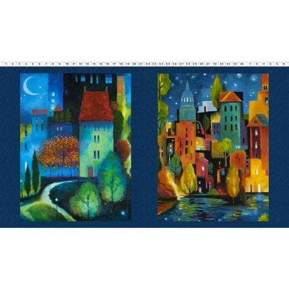 23" X 44" Panel Illustrations Landscapes City Dreams Navy Cotton Fabric Panel (Y2774-93)