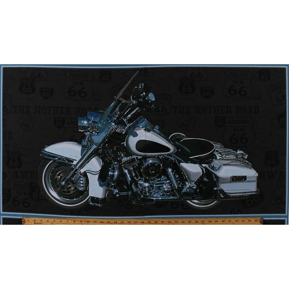 23" X 44" Panel Motorcycle Transportation American Road Trip Travel Route 66 Map The Mother Road American Dream Dark Gray Cotton Fabric Panel (8738P-090GREY)