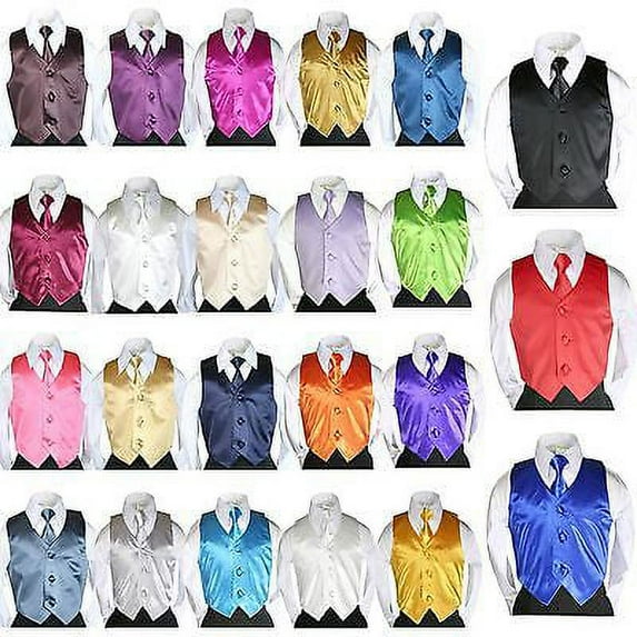 23 colors Satin Vest Set +Long Necktie Boys Baby Toddler Formal Tuxedo Suits S-7