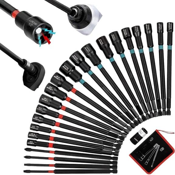 23 count Nut Driver Set | Full Size 6-Inch Long Nut Driver Set | Metric 6-15mm, SAE 1/4"-9/16" | 1/4" Hex Shank | Long Power Bits, PH1, PH2, SL5, T20 | Cr-V Steel