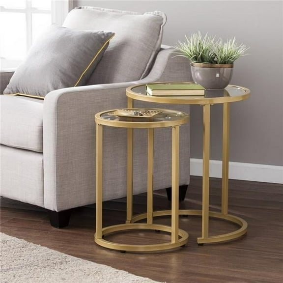 23 in. Glass & Steel Round Nested Tables, Gold - Set of 2