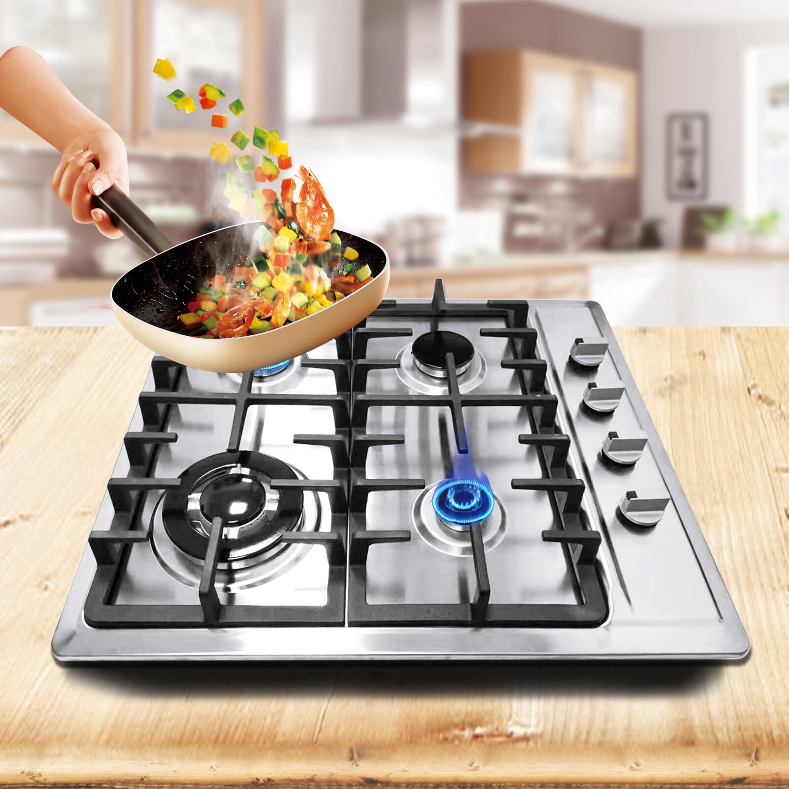 23-inch 4-Burner Built-in Gas Cooktop, Stainless Steel with Cast Iron Grates - Features 3.0KW Rapid Burner & 1.0KW Simmer for Precise Cooking, Battery Ignition & Safety Auto Shut-off