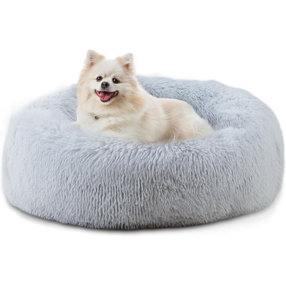 23'' inch Calming Dog Bed, Anti-Anxiety Donut Small Dog Bed, Warming Cozy Soft Cute Round Washable, Marshmallow Cuddler Nest Puppy Bed, Grey