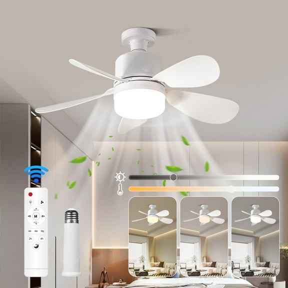 Ceiling Fan with Light, 20.5” Socket Fan Light with Remote,5 Blades E27 Base LED Bulb Dimmable for Bedroom Kitchen Garage,White