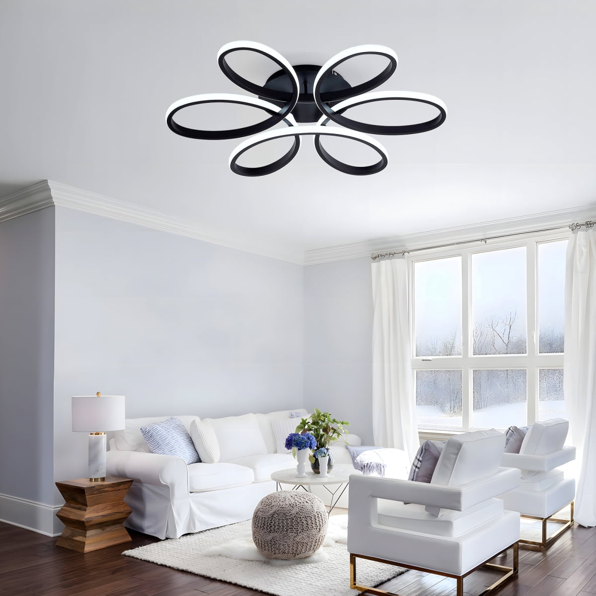 23 inch Modern LED Ceiling Light, 6 Rings Flower Flush Mount Light Fixture with Remote Control Black Dimmable Ceiling Lamp for Living Room, Bedroom,  Kitchen-Y