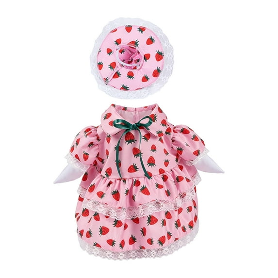 23 inch Strawberry Print Garden Easter Porch Goose Outfit, Pink Ruffled Lace Trimmed Dress with Matching Bonnet, Festive Outdoor Lawn decor attire for Cement Or Plastic Pebble