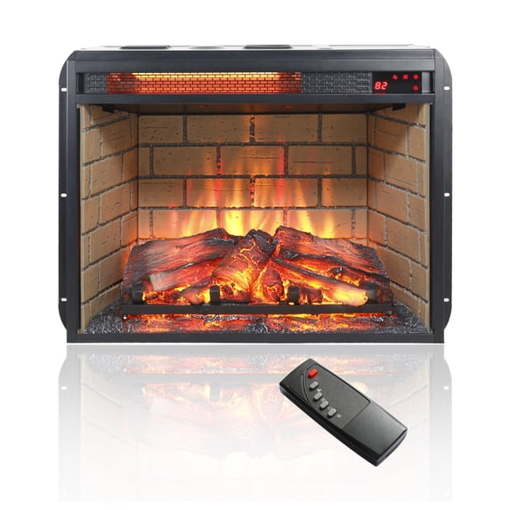 23 inch infrared heater fireplace insert -woodlog version with brick Powder Coated + Electric + Antique Black + Vent Free + Primary Living Space