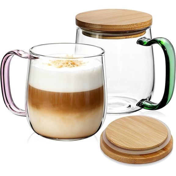 23 oz Large Glass Coffee Mugs Set of 2,Clear Coffee Cups with Colorful Handles, Hand Blown & Seamless Design, Heat Resistant and Explosion-Proof, Lightweight Mugs for ,Cafe