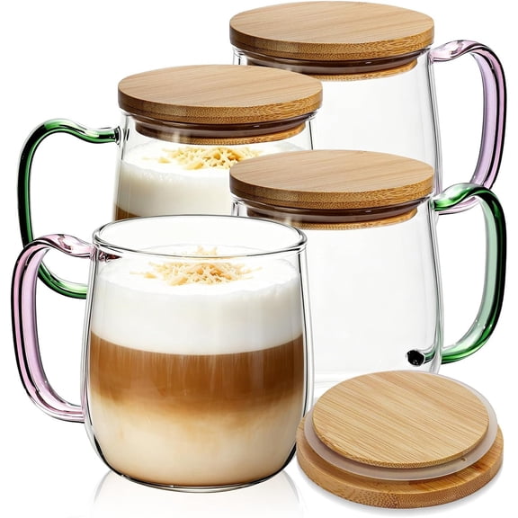 23 oz Large Glass Coffee Mugs Set of 4,Clear Coffee Cups with Colorful Handles, Hand Blown & Seamless Design, Heat Resistant and Explosion-Proof, Lightweight Mugs for ,Cafe