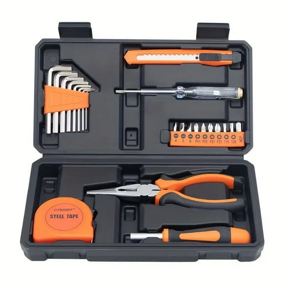 23 piece carbon steel home repair tool set, perfect for DIY projects and simple repairs: tape measure, hex wrench, drill bit driver, long handled pliers, multi-purpose knife, drill bit kit.