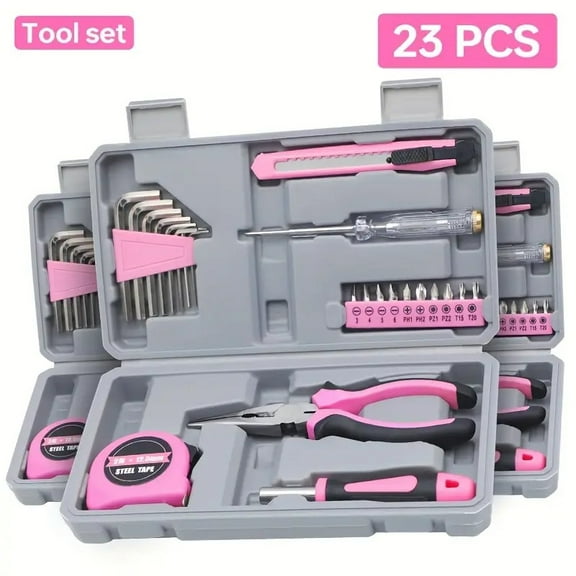 23 piece manual tool set with storage box, carbon steel pink tools for home, dormitory, and office maintenance, tool kit, plastic storage box, car tool set