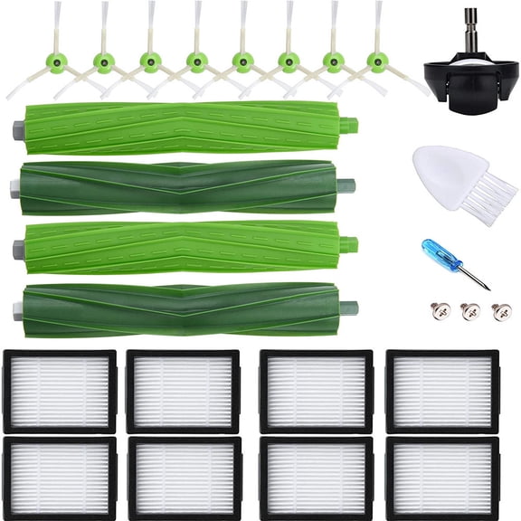 23-piece sweeper accessory set compatible with iRobot i7 i7+ E5 E6 series sweepers: main brush, side brush, and filter