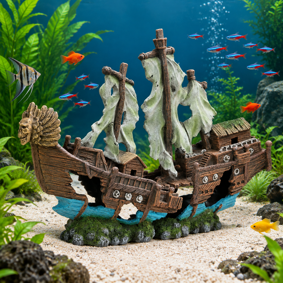 23" x 15" 2-Piece Sunken Shipwreck Aquarium Decoration for 20+ Gallon Fish Tanks