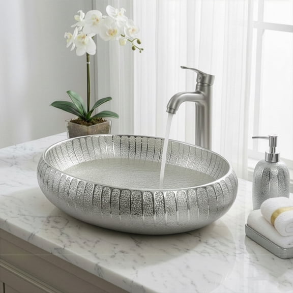 23" x 15" Luxury Silver Vessel Bathroom Sink – Elegant Countertop Vanity Basin, Modern Oval Ceramic Bowl