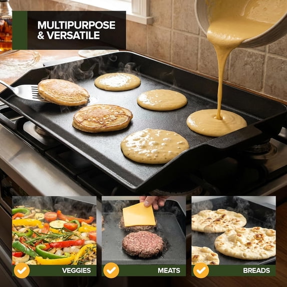 23 x 16 Inch Cast Iron Griddle for Gas Grills, Heavy Duty Outdoor Griddle, Extra Large Cast Iron Griddle for Even Heat, Non-Stick Flat Top Griddle for Grill Cooking Burgers, Pancakes, Steak & More