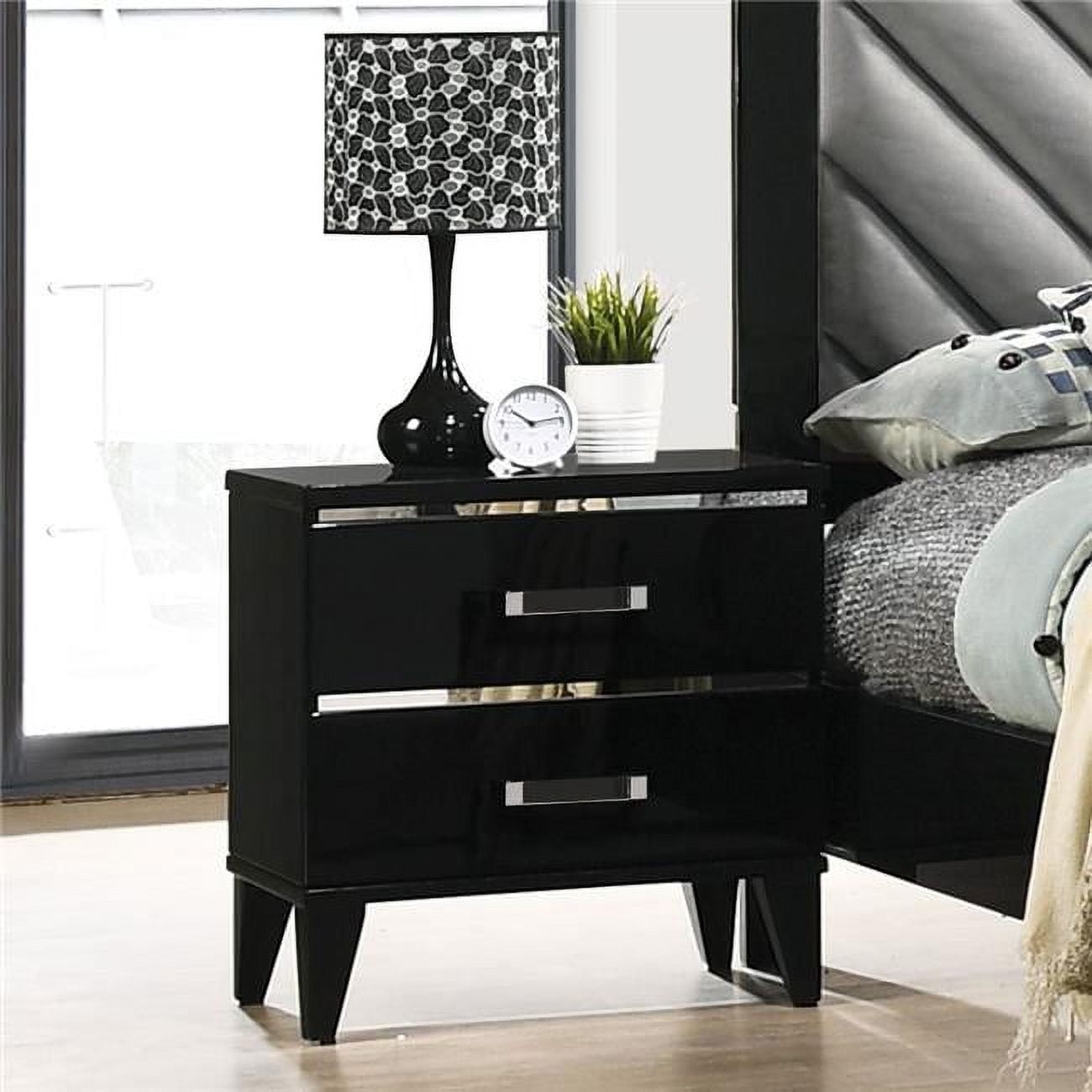 Chelsie Sleek Black Solid Wood Nightstand with Silver Accents