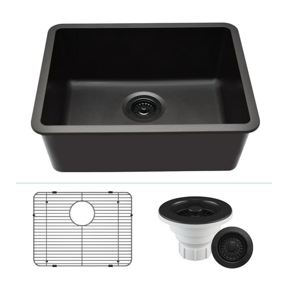 23" x 18" Quartz Kitchen Sink, Single Bowl Sink, Drop-in Sink, Undermount Sink, Granite Kitchen Sink, Galaxy Black Kitchen Sink, with Steel Grid and Basket Strainer Lexicon Platinum LP-2318-K