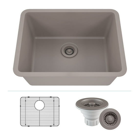 23" x 18" Quartz Kitchen Sink, Single Bowl Sink, Drop-in Sink, Undermount Sink, Granite Kitchen Sink, Galaxy Concrete Kitchen Sink, with Steel Grid and Basket Strainer Lexicon Platinum LP-2318-C