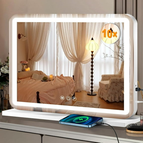 23" x 18" Vanity Mirror with Lights, Led Makeup Mirror, Lighted 3 Color Dimmable Smart Touch Screen Control, Aluminum Metal Frame,USB Charging Port