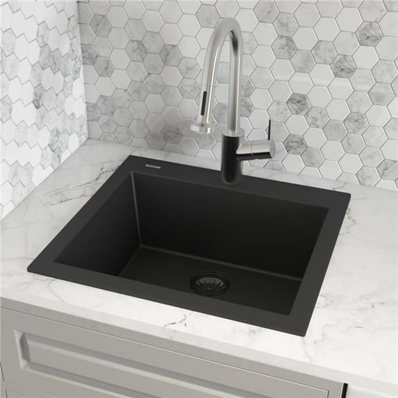 23 x 20 in. EpiGranite Drop-in Topmount Granite Composite Single Bowl Kitchen Sink - Midnight Black