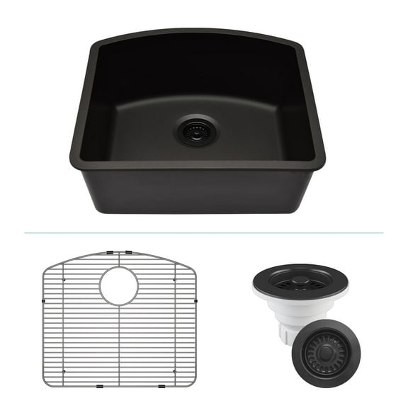 23" x 21" Quartz Kitchen Sink, Single Bowl Sink, Drop-in Sink, Undermount Sink, Granite Kitchen Sink, Galaxy Black Kitchen Sink, with Steel Grid and Basket Strainer, Lexicon Platinum LP-2321D-K