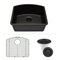 23" x 21" Quartz Kitchen Sink, Single Bowl Sink, Drop-in Sink, Undermount Sink, Granite Kitchen Sink, Galaxy Black Kitchen Sink, with Steel Grid and Basket Strainer, Lexicon Platinum LP-2321D-K
