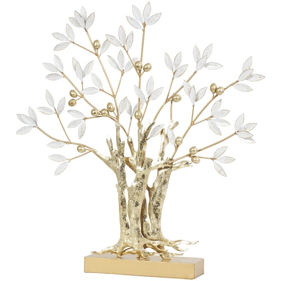 23" x 24" Gold Metal Metallic Tree Sculpture with White Leaves, by DecMode