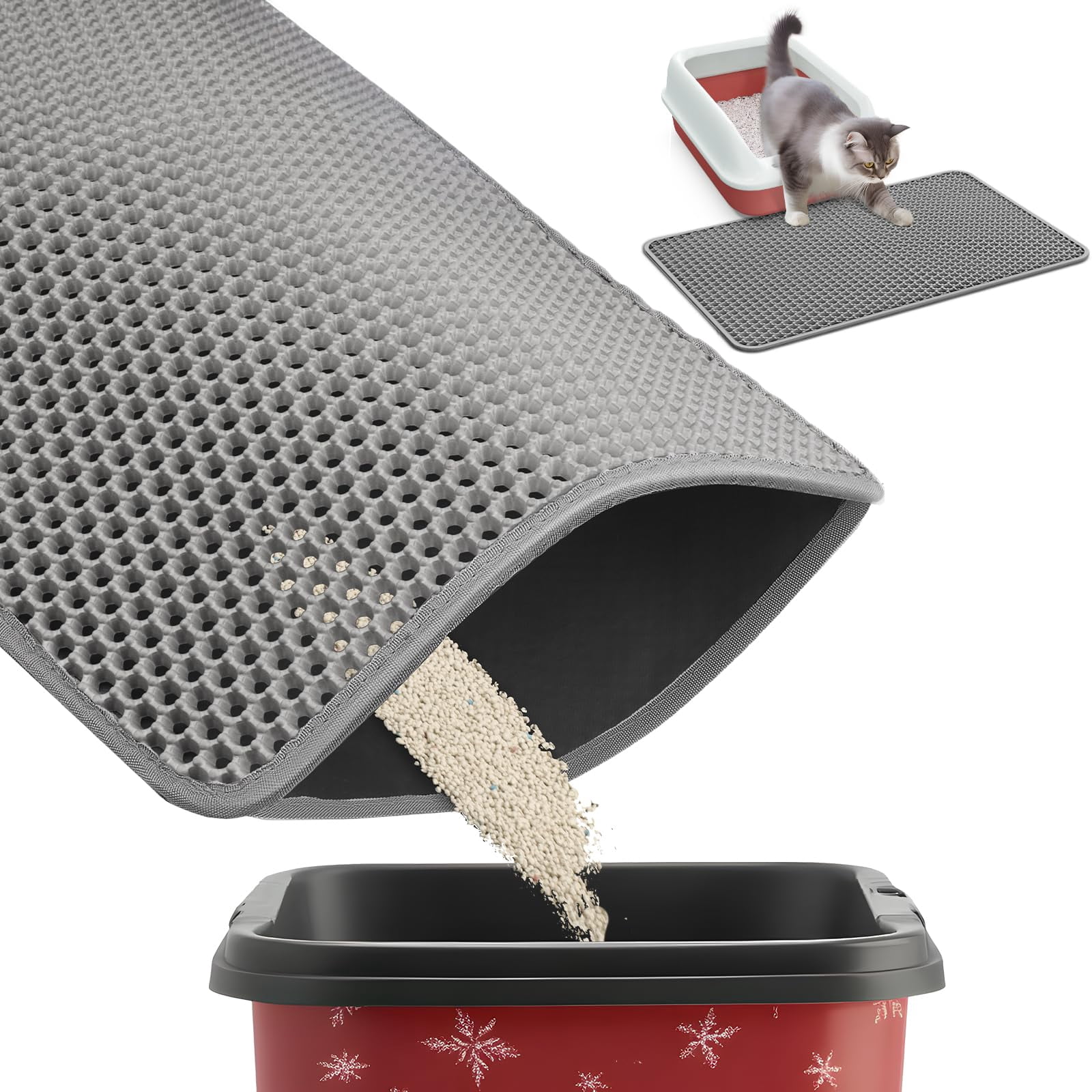 23" x 35" Cat Litter Mat - Ultra-Large Litter Box Mat with Double Layers, Urine-Proof and Non-Slip Litter Trapping Mat, Easy to Clean Kitty Litter Mats for Floor, Scatter Control, Grey