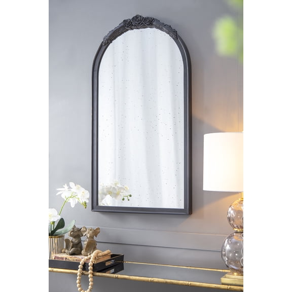 23" x 42" Hand Carved Rose Antique Mirror Frame, Wood Arch Mirror Wall Decor for Living Room, Bathroom, Entryway(Black)