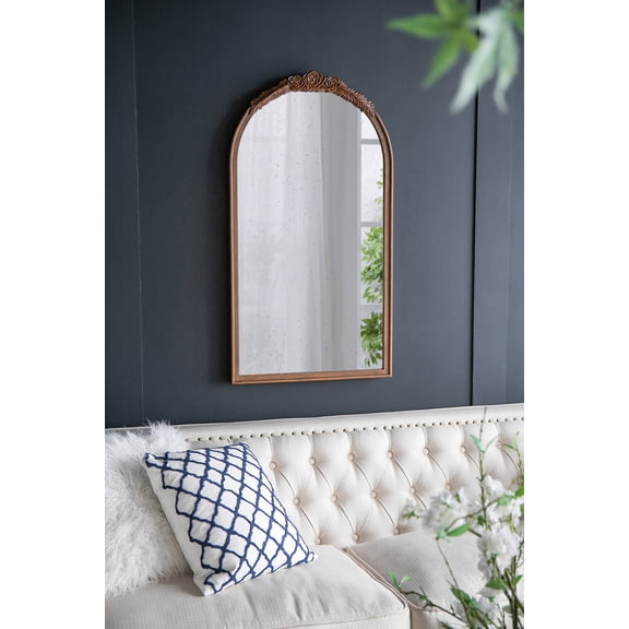 23" x 42" Hand Carved Rose Antique Mirror Frame, Wood Arch Mirror Wall Decor for Living Room, Bathroom, Entryway(Brown)