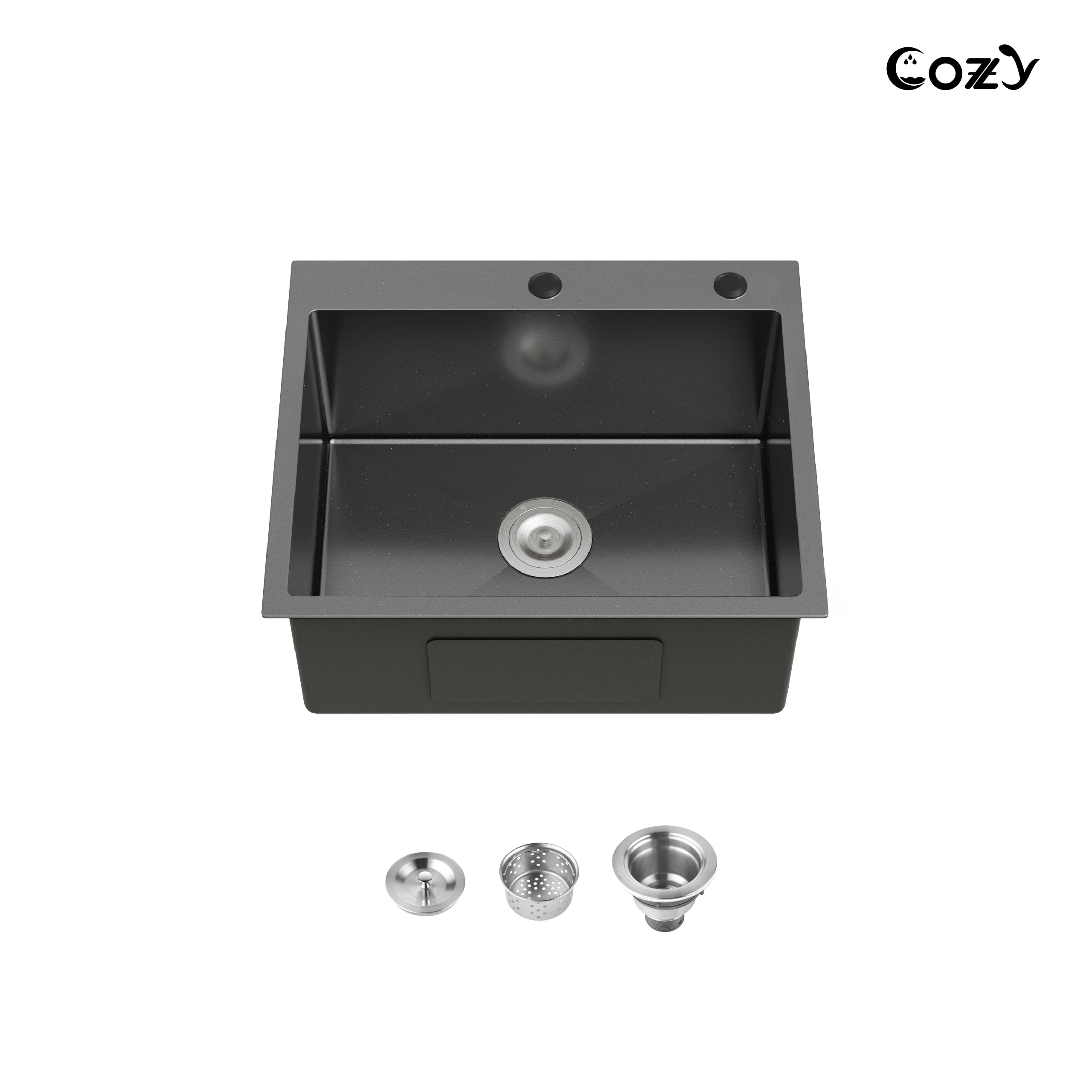 23″x19″ Stainless Steel Kitchen Sink, Single Bowl, Overmount Handmade Sink in Black, with US Standard Drain and Hook, SS-BL02D-231908-2