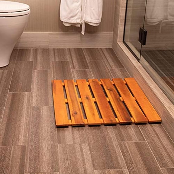 23"x23" Villa Acacia Solid Acacia Wood Slated Bath Mat - Non-Slip Indoor/Outdoor Shower Floor Decor & Protector